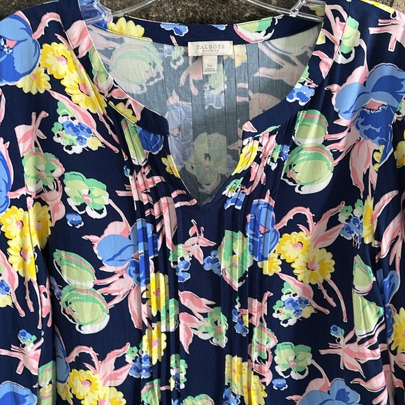 SIZE LP TALBOTS LONG SLEEVE BLOUSE. NAVY/ ASST SOFT COLORS PLEATS FRONT/BACK - Picture 2 of 4